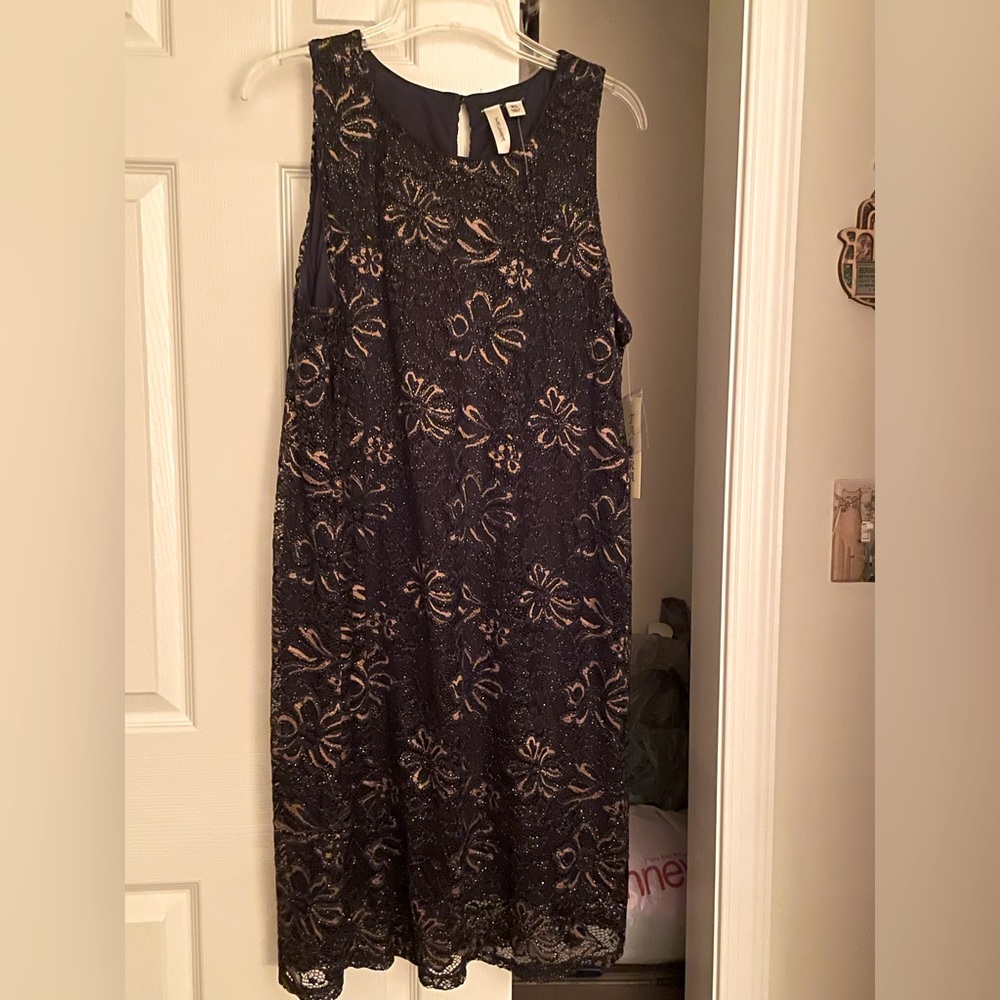 NEW XL Cocktail SemiFormal Dress Easy Wear Midi Sheath Navy Gold Lace floral